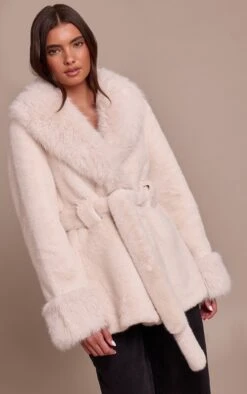 Prettylittlething Cream Plush Faux Fur Self Tie Coat