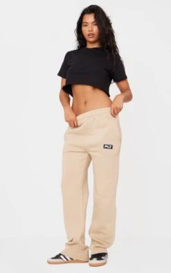 PRETTYLITTLETHING Sand Badge Detailed Straight Leg Sweatpants