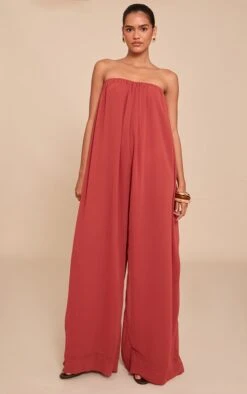 Prettylittlething Rust Chiffon Bandeau Puffball Jumpsuit