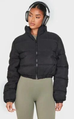 Prettylittlething Black Cropped Peach Skin Bubble Puffer Jacket