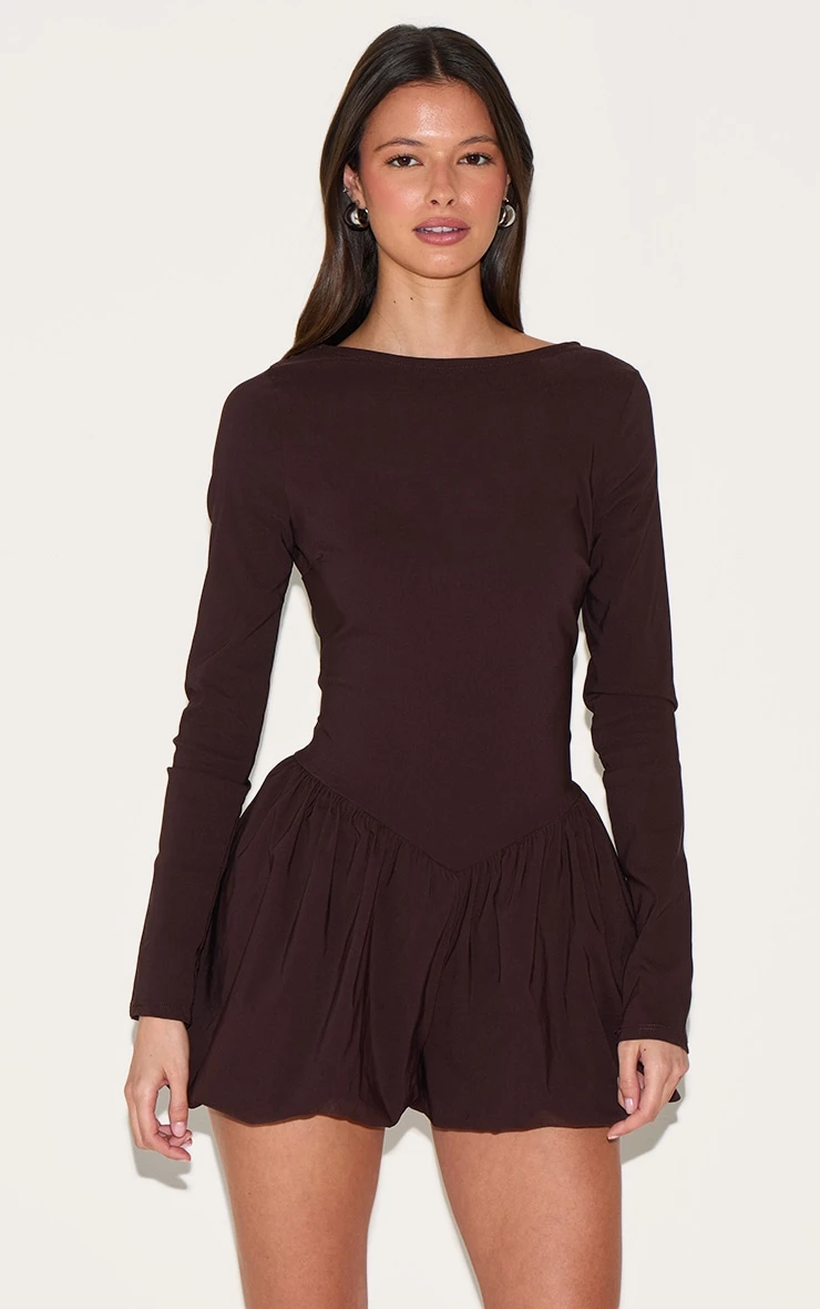 Prettylittlething Chocolate Brown Stretch Woven High Neck Puffball Skort Romper