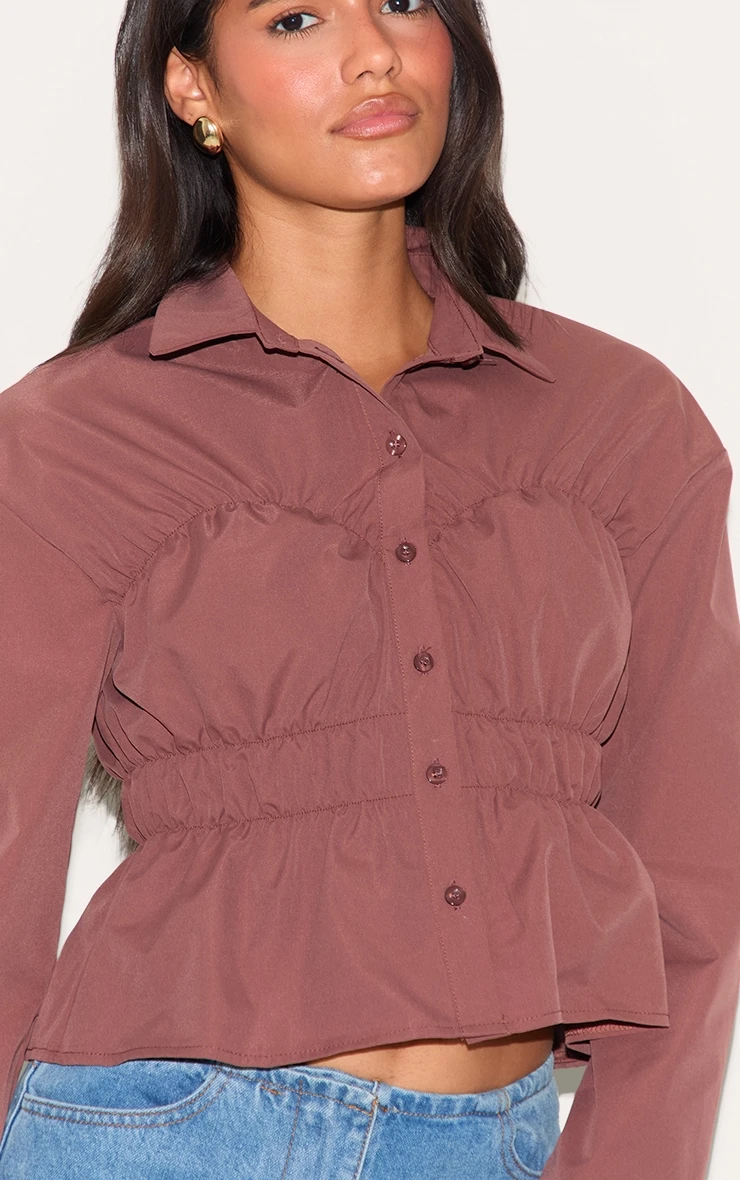 Prettylittlething Dark Brown Shirred Shirt 4 Prettylittlething Dark Brown Shirred Shirt - Image 4
