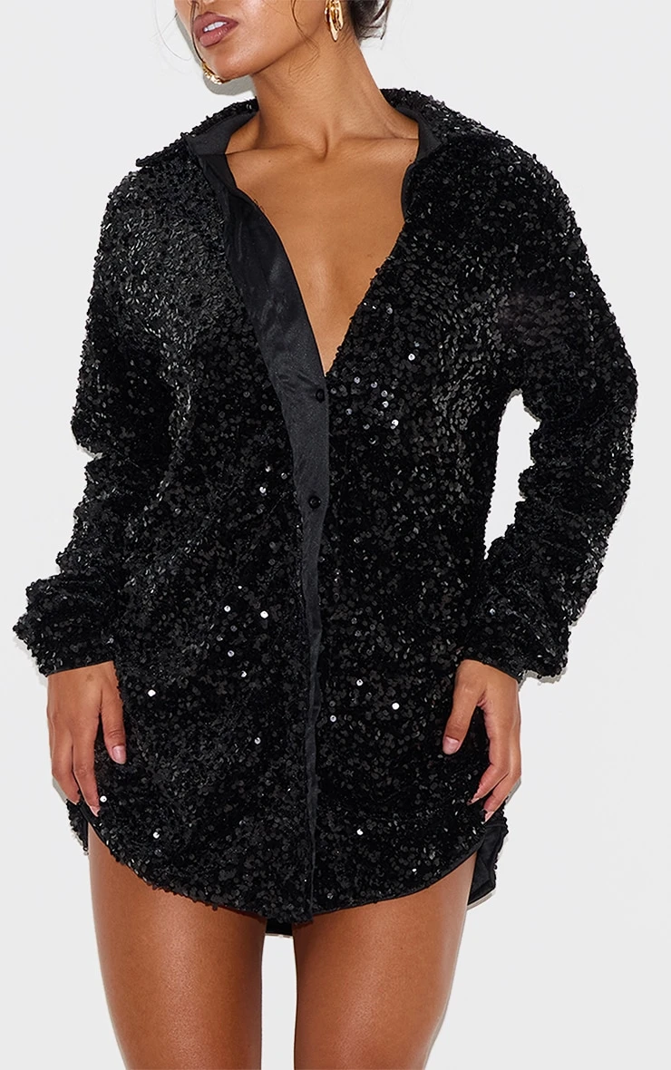 Prettylittlething Black Velvet Sequin Oversized Shirt Dress 4 Prettylittlething Black Velvet Sequin Oversized Shirt Dress - Image 4