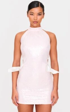 Prettylittlething Pink Sequin Cut Out Bow Detail Mini Dress