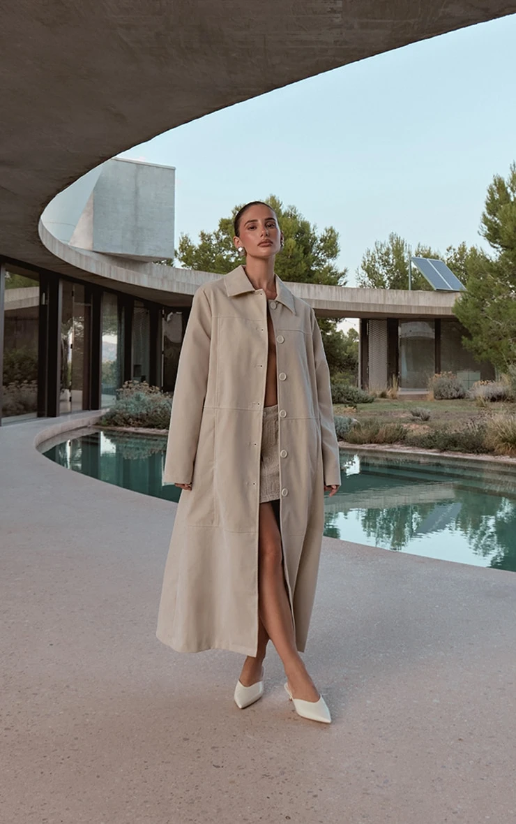 Prettylittlething Ecru Suede Longline Button Coat 1 Prettylittlething Ecru Suede Longline Button Coat