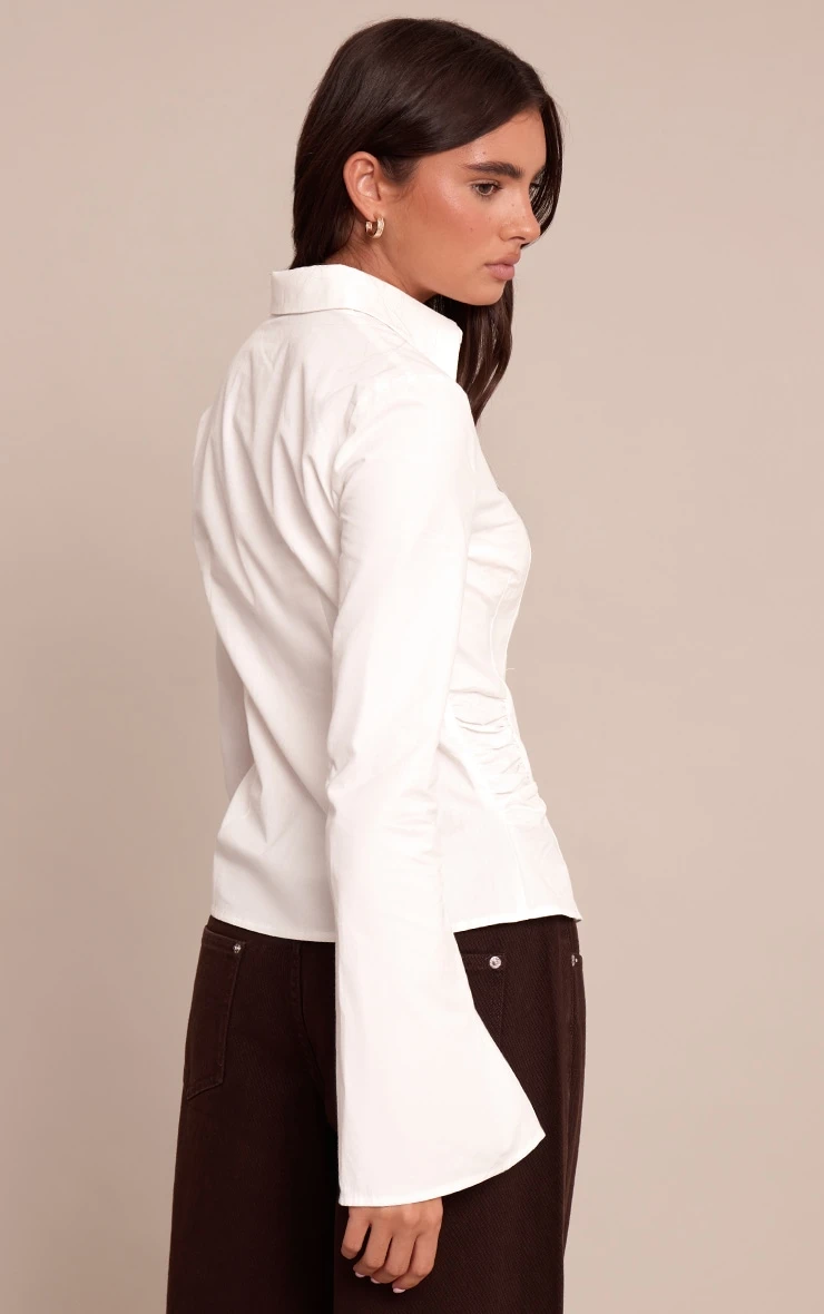 Prettylittlething White Ruched Waist Detail Flared Sleeve Shirt 2 Prettylittlething White Ruched Waist Detail Flared Sleeve Shirt - Image 2