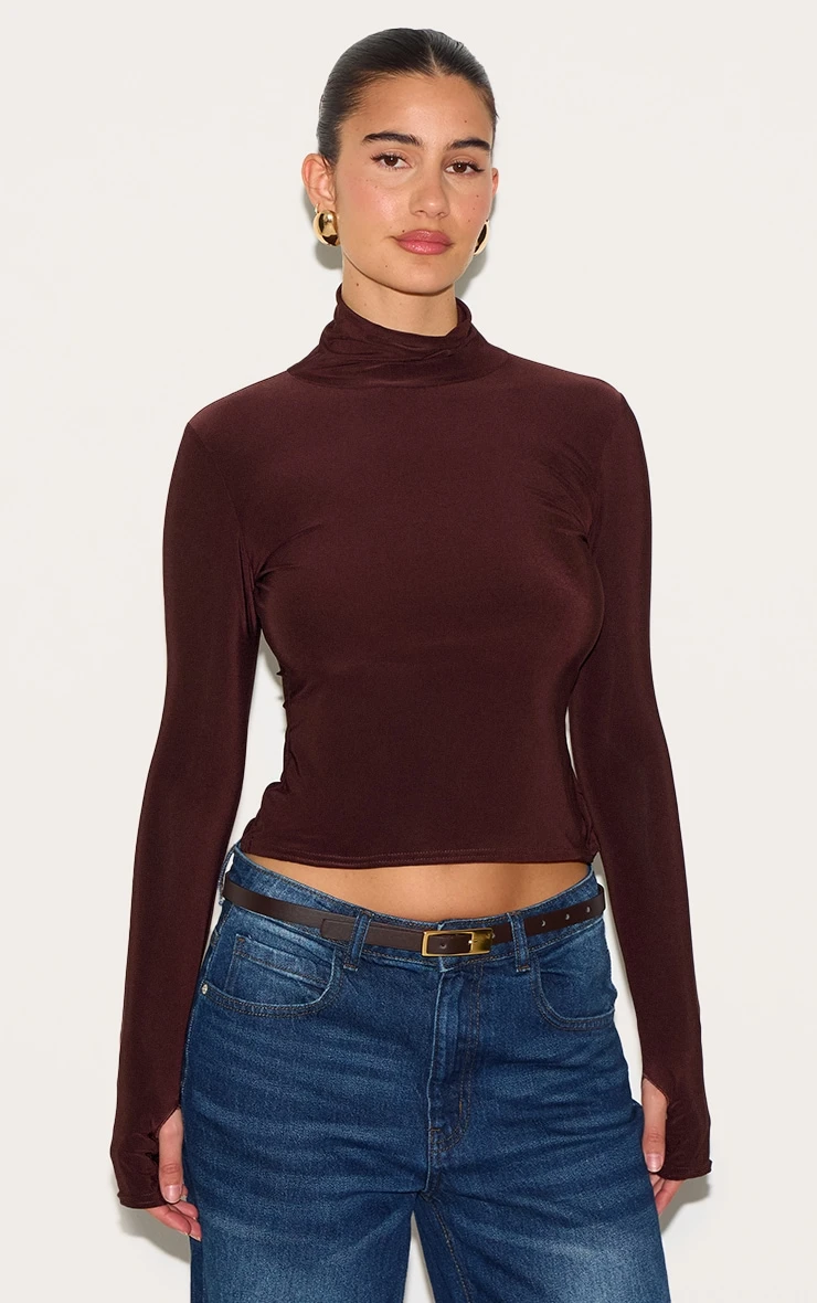 Prettylittlething Chocolate Slinky High Neck Thumb Detail Long Sleeve Top