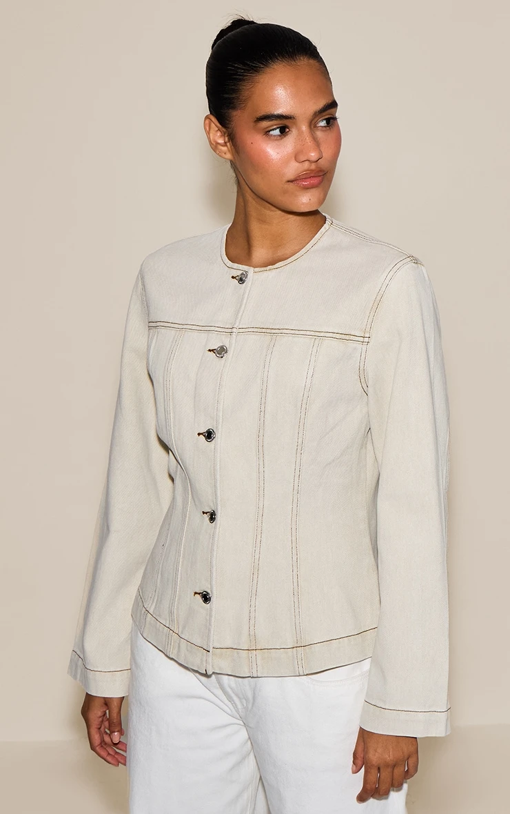 Prettylittlething Washed Stone Cinched Long Sleeve Denim Jacket 3 Prettylittlething Washed Stone Cinched Long Sleeve Denim Jacket - Image 3