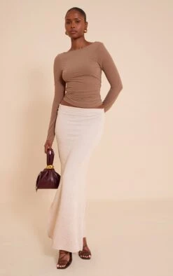 Prettylittlething Beige Textured Jersey Mid Rise Maxi Skirt