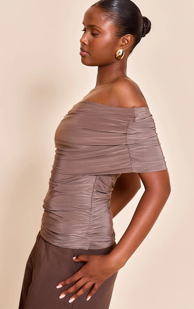 Prettylittlething Mushroom Double Layer Slinky Ruched Bardot Long Top - Image 4