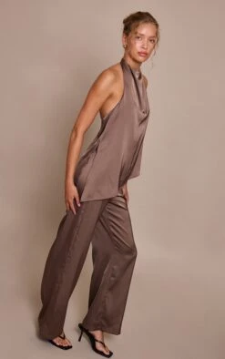 Prettylittlething Mushroom Satin Draped Halterneck Wide Leg Jumpsuit -Pretty Little Thing Shop 57e35988dd72278392655eb9f1c0ff3f9f3a5a4a CNO3070 3 mushroom satin draped halterneck wide leg jumpsuit