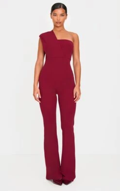 Prettylittlething Burgundy One Shoulder Drape Detailed Jumpsuit