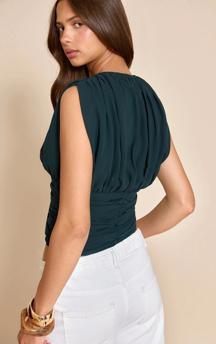 Emerald Green Chiffon Plunge Ruched Bodice Top 2 Emerald Green Chiffon Plunge Ruched Bodice Top - Image 2