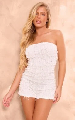 Prettylittlething White Tassel Textured Bandeau Romper