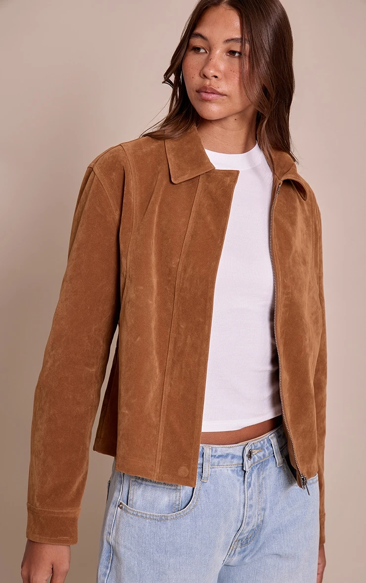 Prettylittlething Tan Faux Suede Concealed Placket Bomber Jacket 2 Prettylittlething Tan Faux Suede Concealed Placket Bomber Jacket - Image 2