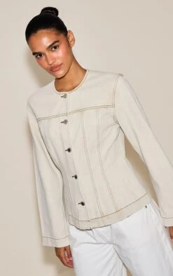 Prettylittlething Washed Stone Cinched Long Sleeve Denim Jacket