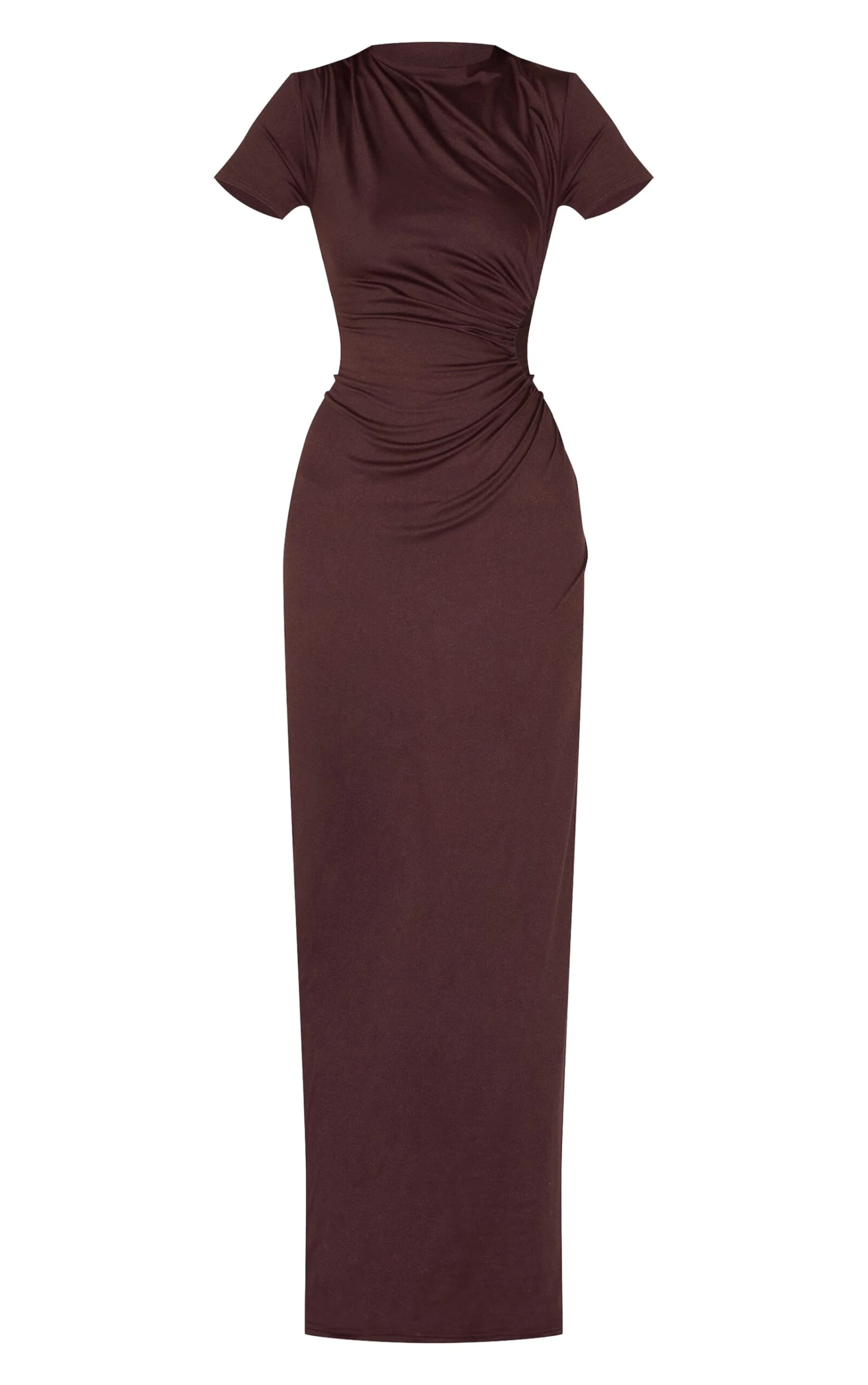 Prettylittlething Chocolate Double Layer Soft Touch Cut Out Ruched Detail Maxi Dress - Image 5