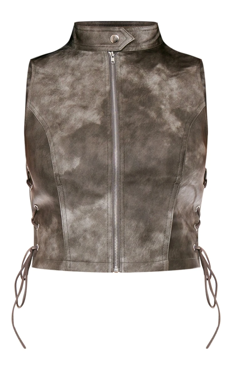 Prettylittlething Charcoal Washed Faux Leather High Neck Sleeveless Lace Side Top 5 Prettylittlething Charcoal Washed Faux Leather High Neck Sleeveless Lace Side Top - Image 5