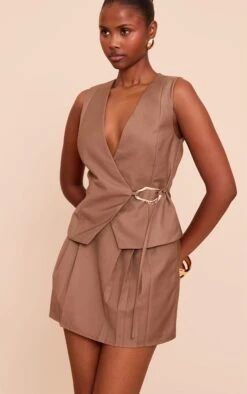 Prettylittlething Mocha Woven Trim Tie Waist Coat