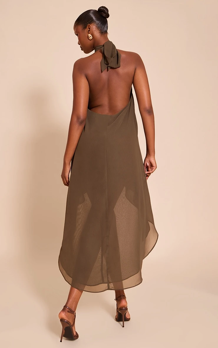 Khaki Chiffon High Neck Smock Dress 2 Khaki Chiffon High Neck Smock Dress - Image 2