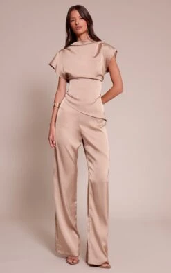 Prettylittlething Champagne Satin Cap Sleeve Straight Leg Jumpsuit