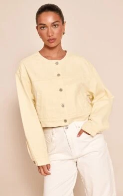 Prettylittlething Butter Cream Collarless Cropped Denim Jacket