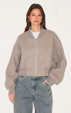 Prettylittlething Taupe Ruched Sleeve Cropped Bomber Jacket