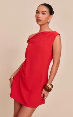 Prettylittlething Red Textured Asymmetric Shift Dress