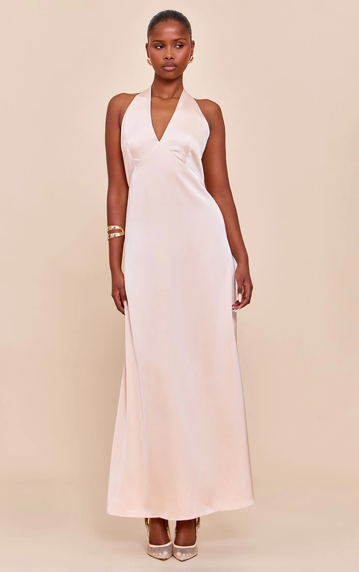 Prettylittlething Cream Satin V Neck Maxi Dress 1 Prettylittlething Cream Satin V Neck Maxi Dress