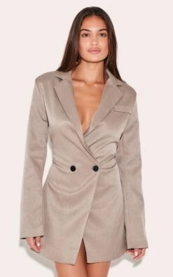 Prettylittlething Mushroom Woven Cinched Waist Blazer Dress