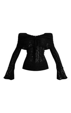 Prettylittlething Black Fitted Lace Flared Sleeve Bardot Top -Pretty Little Thing Shop 590cf2b281498edd6a9758655861466b443d6be4 cnl7495 5 black fitted lace flared sleeve bardot top