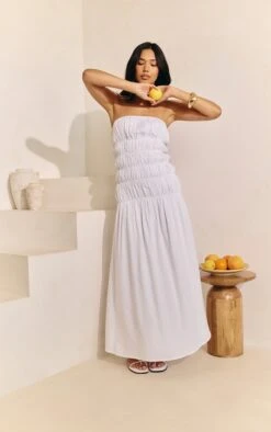 Prettylittlething White Bandeau Ruched Detail Maxi Dress