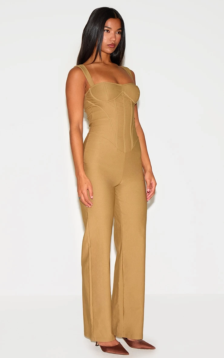 Prettylittlething Khaki Woven Corset Binding Strappy Straight Leg Jumpsuit 3 Prettylittlething Khaki Woven Corset Binding Strappy Straight Leg Jumpsuit - Image 3