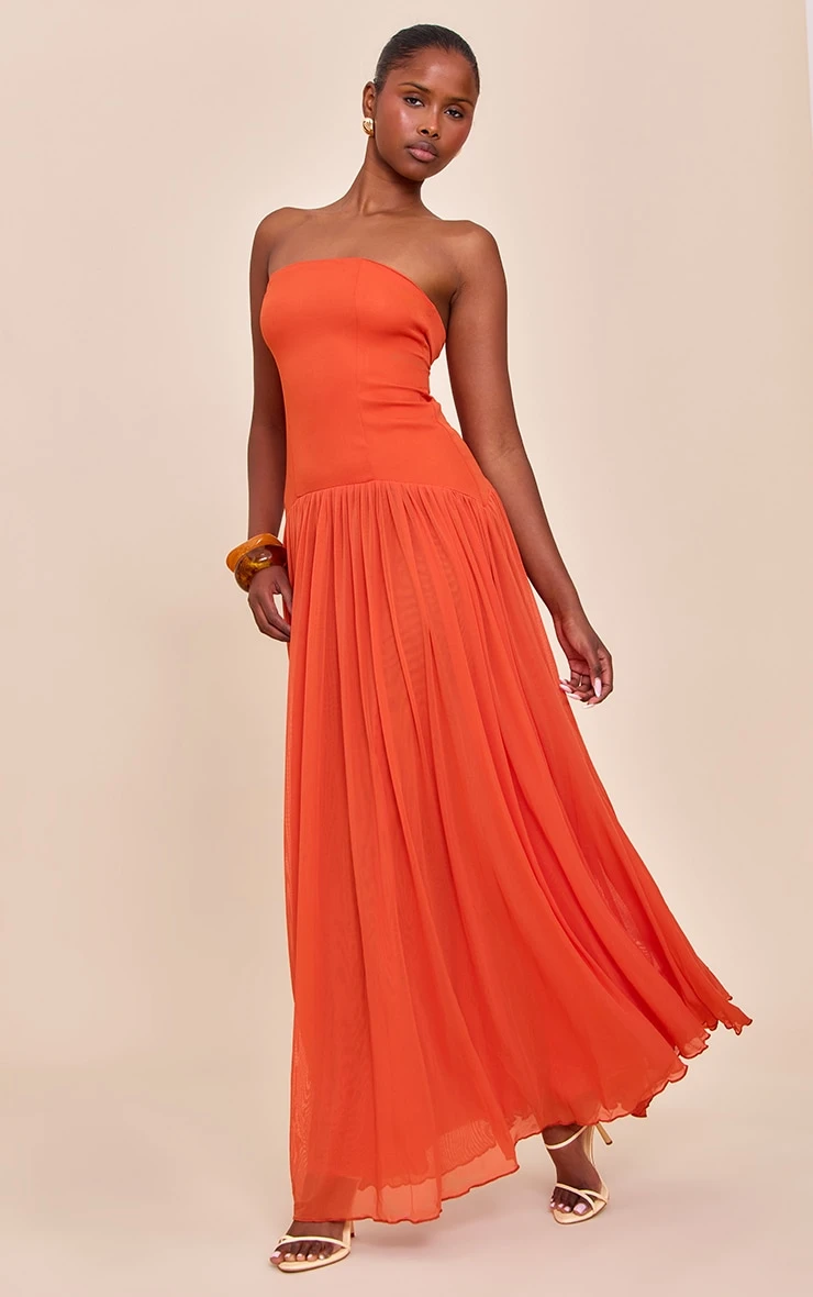 Prettylittlething Orange Bandeau Chiffon Pleated Maxi Dress 3 Prettylittlething Orange Bandeau Chiffon Pleated Maxi Dress - Image 3