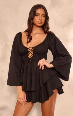 Prettylittlething Black Lace Up Front Longsleeve Romper -Pretty Little Thing Shop 5992ca6d355280b106d8e634099aa38b7bc709a7 cnh7908 1