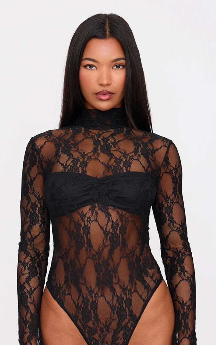 Prettylittlething Black Lace High Neck Long Sleeve Bodysuit 2 Prettylittlething Black Lace High Neck Long Sleeve Bodysuit - Image 2