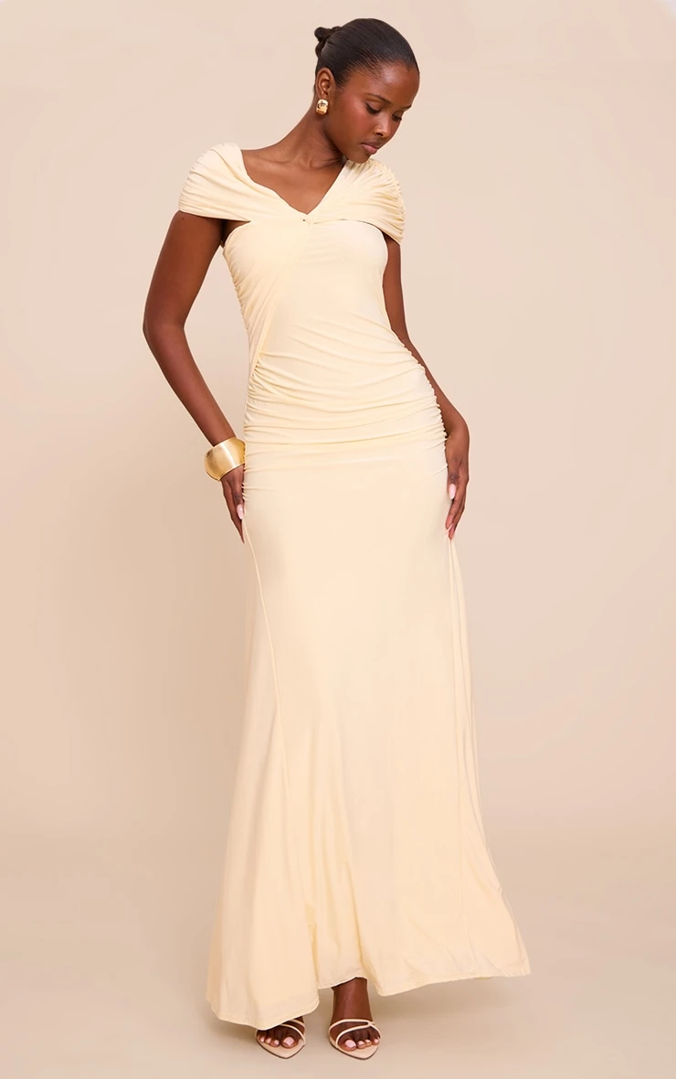 Prettylittlething Lemon Double Layer Slinky Asymmetric Ruched Maxi Dress - Image 3