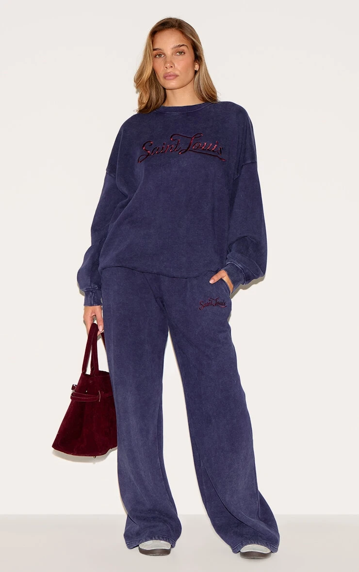 Prettylittlething Navy Saint Louis Embroidered Wide Leg Sweatpants 1 Prettylittlething Navy Saint Louis Embroidered Wide Leg Sweatpants