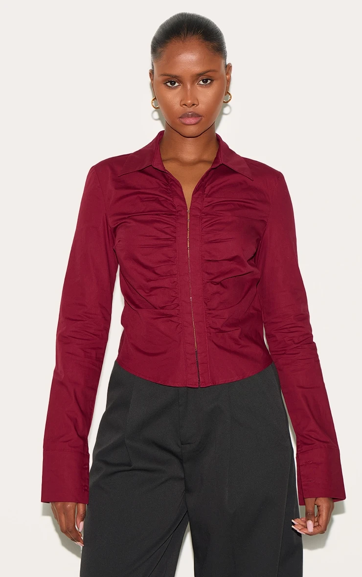 Prettylittlething Plum Hook And Eye Ruched Fitted Shirt 1 Prettylittlething Plum Hook And Eye Ruched Fitted Shirt