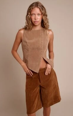Prettylittlething Tan Faux Suede Asymmetric Button Detail Vest