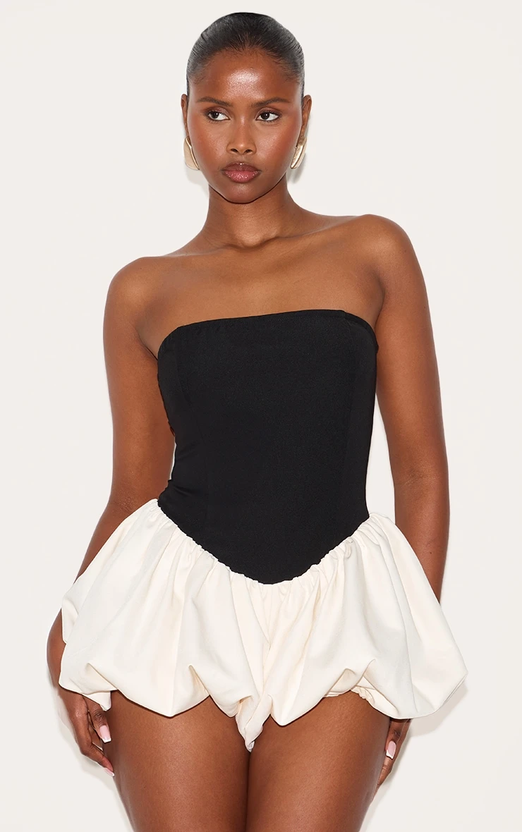 Prettylittlething Black Contrast Woven Bandeau Puffball Romper 1 Prettylittlething Black Contrast Woven Bandeau Puffball Romper