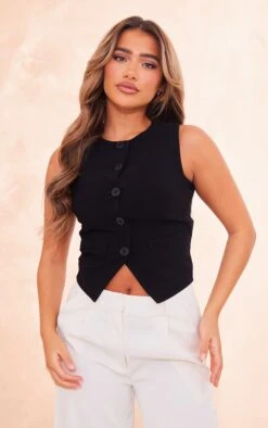 Prettylittlething Black Round Neck Button Down Vest