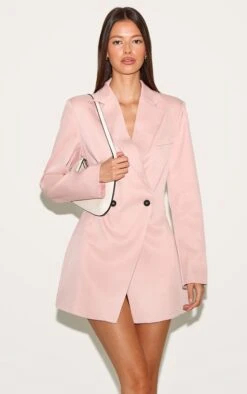 Prettylittlething Baby Pink Woven Cinched Waist Blazer Dress
