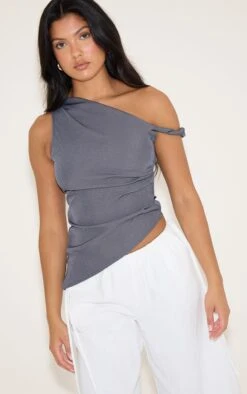 Grey Woven Asymmetric Hem Ruched Long Top
