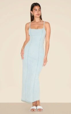 Prettylittlething Light Blue Cami Strap Denim Midaxi Dress