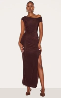 Prettylittlething Chocolate Slinky Twist Detail Maxi Dress