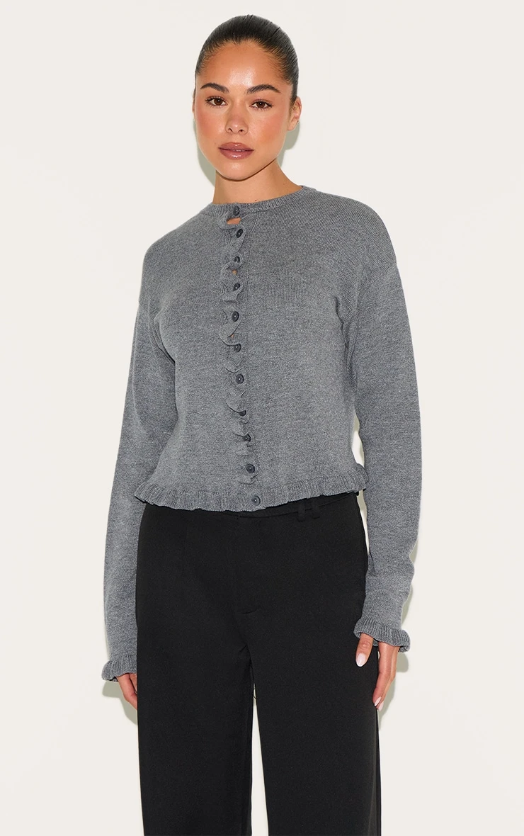 Prettylittlething Grey Knit Ruffle Detail Cardigan 1 Prettylittlething Grey Knit Ruffle Detail Cardigan