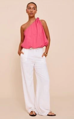 Prettylittlething Pink Stretch Woven Knot Detail One Shoulder Puffball Top -Pretty Little Thing Shop 5b5f5a8de83afa3b91126c514455db7e731b99f2 CNN2301 3 pink stretch woven knot detail one shoulder puffball top