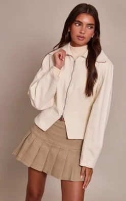 Prettylittlething Ecru Sailor Collar Double Ended Zip Cinch Jacket