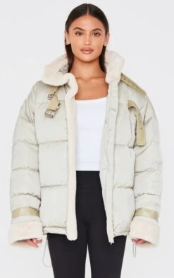 Prettylittlething Sage Khaki Buckle Trim Detail Puffer Jacket